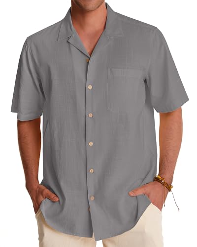 Image of Alimens & Gentle Mens Linen Shirts Cotton Hawaiian Shirts Short Sleeve Button Down Shirts Casual Summer Beach Tops