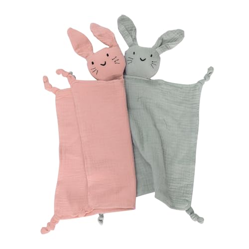 Image of 2 Pack Organic Cotton Muslin Bunny Lovey Blanket, Soft Baby Lovey Blanket | Breathable Security Blanket for Newborns, Baby Gift for Boys & Girls, Pink & Green