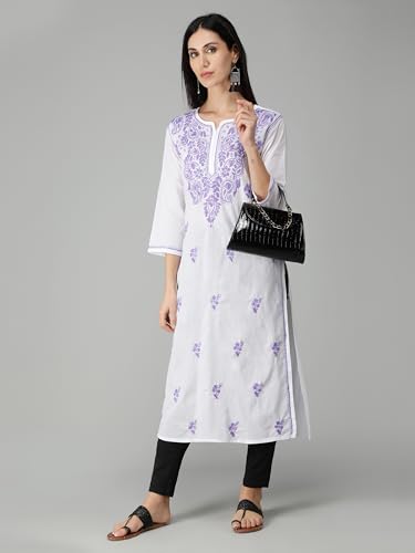 Image of Seva Chikan Hand Embroidered Lucknowi Chikankari Regular Straight Cotton Kurta Kurti for Women SCL4243