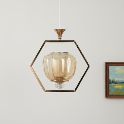 Image of ELIANTE Modern Glass Hanging Light for Living Room & Dining Area | Metal Ceiling Lamp with Elegant Glass Shade | 3 Years Warranty | Free Bulb (Hexora)