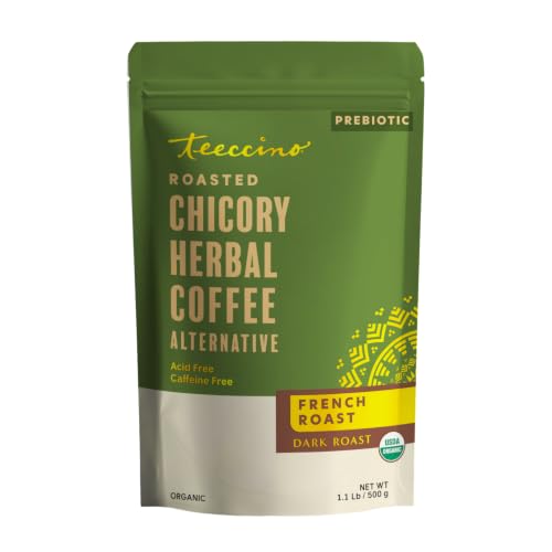 Teeccino French Roast Chicory Coffee Alternative - Ground Herbal Coffee That’s Prebiotic, Caffeine-Free & Acid Free, Dark Roast, 1.1 Pound