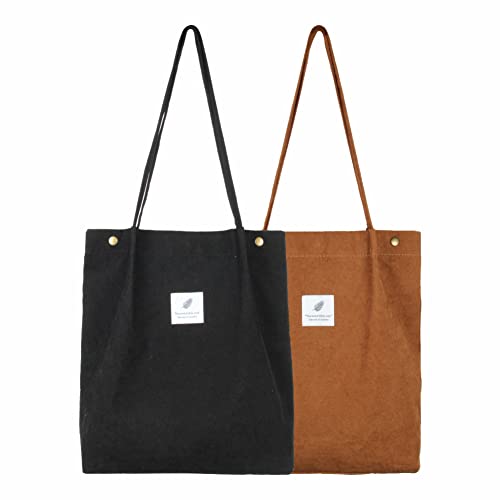 BWBIKE Velours Côtelé Fourre-Tout Sac À Provisions 2 Pièces Femmes Sac À Bandoulière Shopper Poignée Sac pour Bureau École Shopping Voyage Cover
