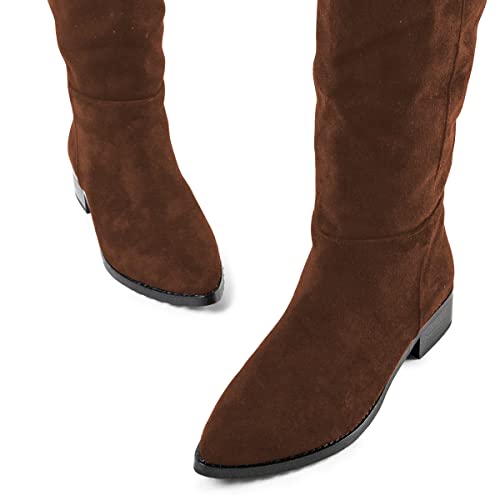 FYS Women Knee High Boots Block Low Heel Suede Pointed Toe Wide Calf Boots Pull on Dress Fall Winter Fashion Shoes Size 4-15 US4