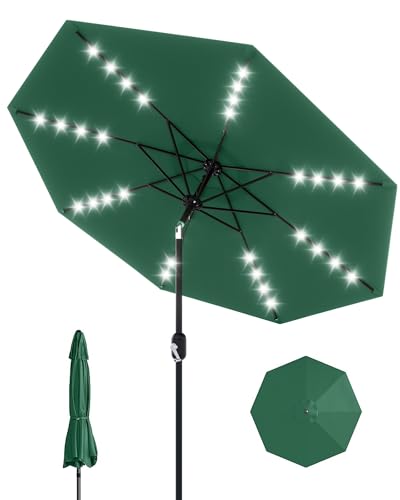 Image of GarveeLife 9 ft Patio Umbrella with Solar Lights, Outdoor Table Umbrella with 32 LED Lights & Tilt Crank, 8 Ribs Market Table Umbrella for Pool, Deck, Backyard, Dark Green