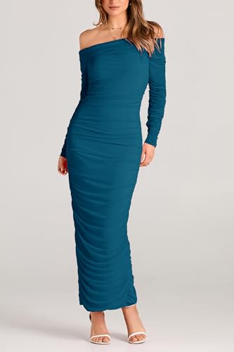 PRETTYGARDEN Women's Fall Off The Shoulder Maxi Dress Spring Long Sleeve Ruched Fitted Bodycon Club Dresses with Slit
