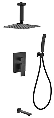 Kube Bath Matte Black Shower Set 8" Ceiling Mount Square Rain Shower,Handheld, Tub Filler
