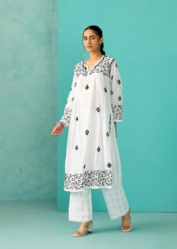 Image of Chandni Chikankari Cotton Straight Kurta |Chikankari | Chikankari Kurta | Chikankari Short Kurti | Lucknowi Chikankari Kurti (HCKUWI23121)