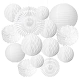 Tissue Paper Honeycomb Balls Hanging Pom Poms Paper Cutout Fans for Wedding Birthday Nursery Party Decoration, White Color Mix Sizes, 12 Pieces Easy Joy