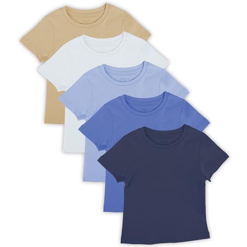 DOKMA Boys' Short Sleeve T-Shirts – Jersey Crew Neck 5-Pack Tagless Tees, 1-5years, 100% Cotton, Multipack, Blue