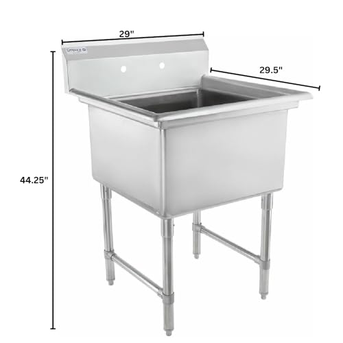 Image of Empura 29 inch Wide Stainless Steel One Compartment Commercial Sink | Prep Utility 24 inch x 24 inch Bowl for Restaurant Laundry Hotel | 3.5 inch Drain Basket, 9.75 inch Backsplash, 29 inchW x 29.5 inchD x 44.25 inchH, 16 Gauge, NSF