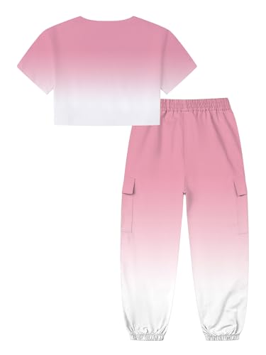 Image of Betusline Girls' Gradient Short Sleeve Crop Tops & Cargo Pants Set, Regular Fit，Perfect for Young Girl，Pink Gradient，13-14 Years = Tag 170