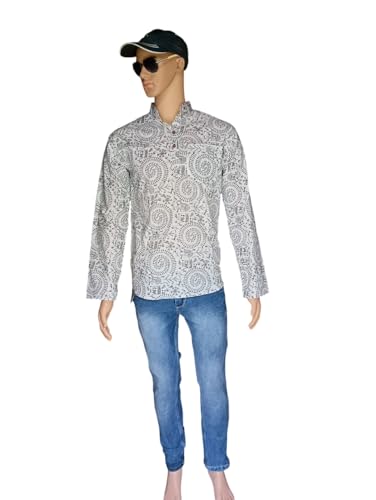 Image of Men's Printed Cotton Blend Full Sleeve Straight Kurta Regular Fit Short Kurta Shirt for Men