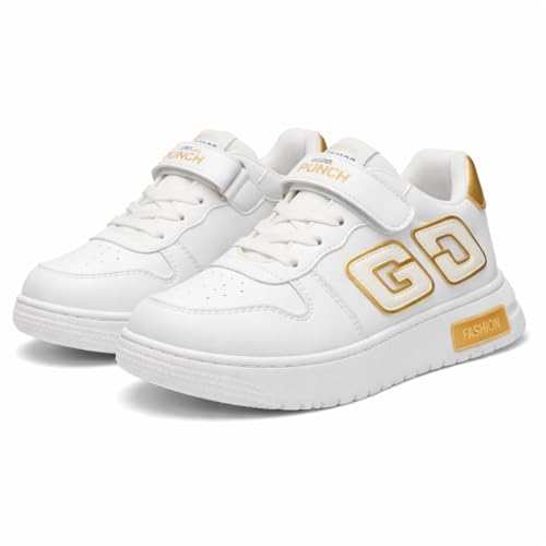 Image of HOOH Kids Unisex White Sneakers with Hook and Loop Closure, Embellished Pattern, Fashion Comfort Shoes