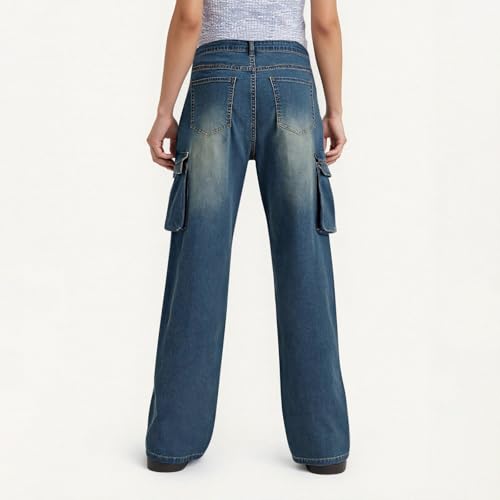 Cargo Jeans for Women Baggy Wide Leg Boyfriend Jeans Stretchy Mid Rise Jean Casual Straight Leg Jean with Pockets4