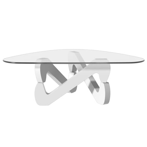 Table basse, table basse triangulaire en verre, table basse moderne avec base triangulaire en bois massif et verre trempé épais, table d'appoint, table basse...