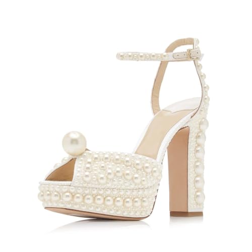 Goolita Womens Open Toe Pearl Platform Heels for Women Chunky Buckle Ankle Strap Wedding Heeled...