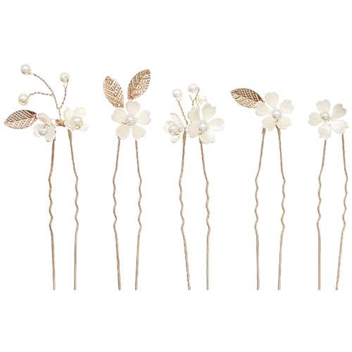 5Stück Vintage-Brautkopfstück,Gold Blume und Blatt Perle Haarnadel,Kristall-Perlen-Haarnadel für die Braut,Haarkamm,Kommunion Brautschmuck Haare,U-förmig Hochzeit Haarspangen für Frauen Mädchen