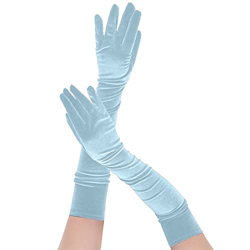 Memoryee Damen Sexy Lange Handschuhe Satin Ellenbogen Länge 21" Dehnbar 1920er Oper Hochzeit Abend Party Tanzhandschuhe und Fäustlinge Hellblau Cover
