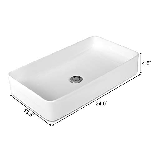 Tangkula 24" X 14" Rectangle Bathroom Vessel Sink, Porcelain Porcelain Ceramic Above Counter, Basin Vessel Vanity Sink Art Basin With Pop-Up Drain, Ideal For Home, Restaurant And Hotel, White #TOP2
