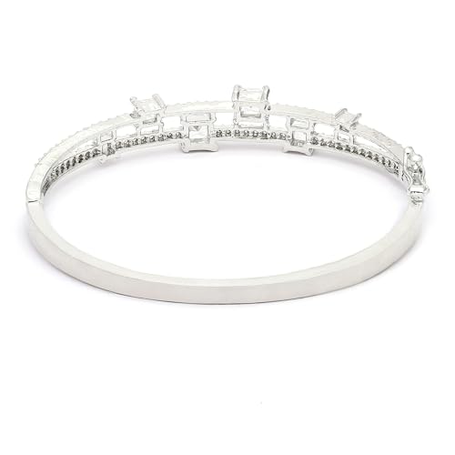 Image of ZENEME Rhodium-Plated American Diamond Studded Flower Patterned Kada Bracelet For Girls and Women