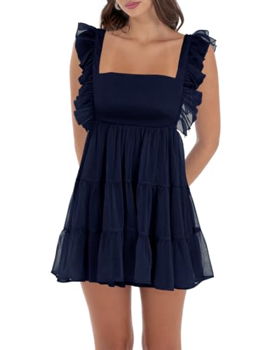 Image of Women's Summer Square Neck Tie Back Ruffle Sleeve Tiered Casual A-Line Short Mini Dress