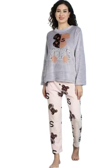 Women's Regular Fit Soft Woolen Printed Night Suit Set of Tshirt & Pyjama for Winter Wear-image-46