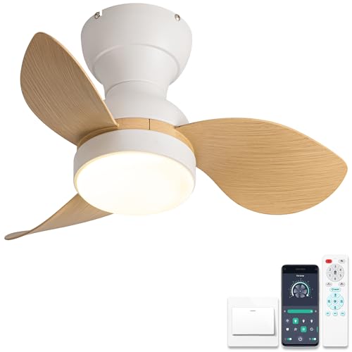 Ø56cm Mini Ventilador de Techo con Luz y Mando a Distancia, Lampara Ventilador Techo Pequeño, Reversible Modo Verano Invierno Motor DC Silencioso 6 Velocidades, Blanco + Madera