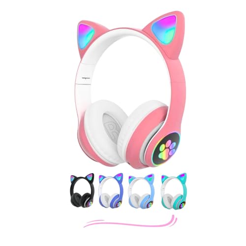 Fone de Ouvido com Orelha de Gatinho Infantil com Luzes RGB nas Orelhinhas e Patinhas Para Crianças Tamanho Ajustável Dobrável Headphone Bluetooth Conectividade Multiuso Premium
