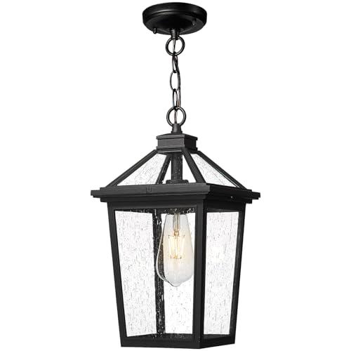 zeyu 15.4 Inch Outdoor Hanging Light, Medium Exterior Pendant Porch Light for House Garden, Die-Cast Aluminum with Seeded Glass, Black Finish, ZX58MH BK