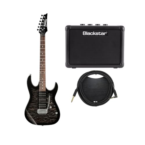 Ibanez GRX70QA GIO 6-String Right-Handed Electric Guitar (Transparent Black Sunburst) Bundle with Blackstar FLY3 and 10-Feet Instrument Cable (3 Items)