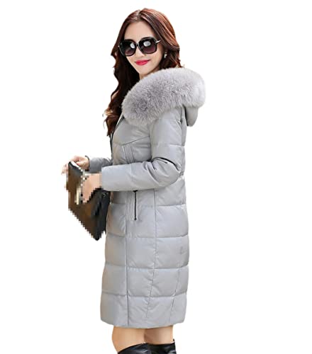 Veste d'hiver en cuir gris 5XL avec capuche en fourrure pour femme FULBHPRINT