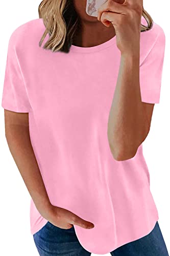 Longyuan Womens Short Sleeve Tunic Casual Tshirt Tops Basic Loose Fit Blouse Pink,Large #TOP19