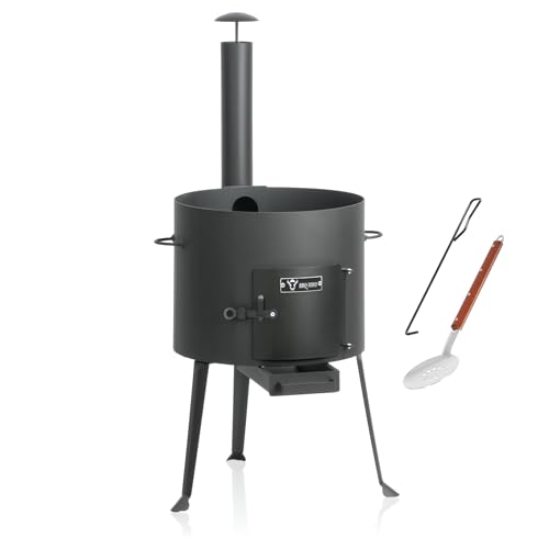 BBQ-Toro Kazan Ofen Ø 39 5 cm | Gulaschkessel mit Schaumlöffel und Schürhaken | Outdoor Ofen mit Rohr Feuerkessel | Feuer-Ofen Eintopfofen Feuerstelle Kazan-Gestell Utschak Dreibein