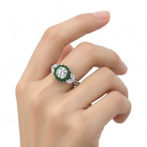 Image of 55Carat Choose Your Gemstone Flower Halo Split Shank Diamond CZ Ring Sterling Silver Round Shape Halo Engagement Rings Everyday Jewelry Wedding Jewelry Handmade Gifts for Wife US Size 4 to 12
