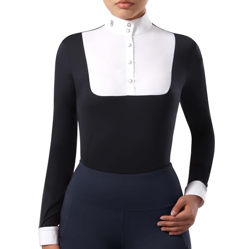 Harrison Howard - Harrison Howard Women's Equestrian Long Sleeve Riding Top Show Shirt Patchwork Design, Navy, Small