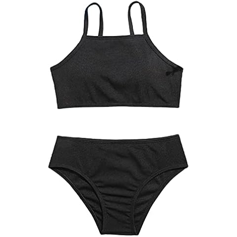 inlzdz Kinder Mädchen Bikini Set Einfarbig Badeanzug Brustpolster BH Top Badeshirt Slip Badehose Tankini Set Bademode Sommer Zweiteiliger Schwimmanzug Schwarz 164-170 Cover