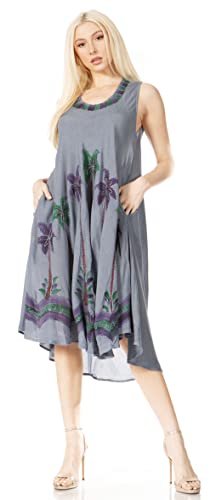 Sakkas 117 Watercolor Palm Tree Tank Caftan Short Dress - Grey/One Size