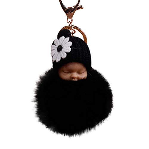 Gaddrt 8 cm flauschiger Pompon mit niedlichem Plüsch, schlafende Babypuppe, Schlüsselanhänger, Taschen, Charm-Anhänger, schwarz