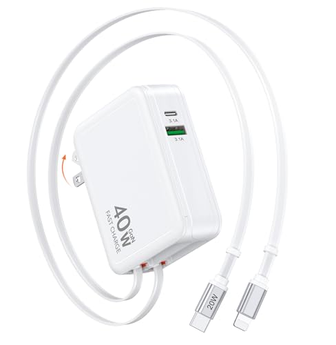 Retractable USB Charger Wall Plug with USB C & Apple Cable 40W Fast Charging Foldable Block Multi Charger 4-in-1 Travel Essentials Brick Multiport for iPhone 17/16/15/14/13 iPad Galaxy LG Pixel