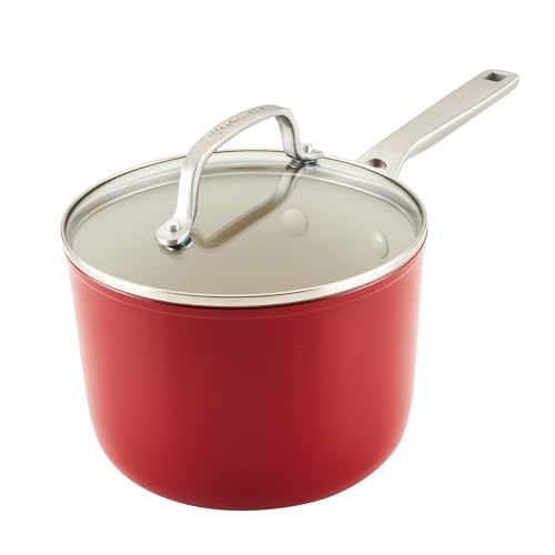 KitchenAid Sartén antiadherente de cerámica anodizada dura con tapa, 3 cuartos de galón, rojo imperio