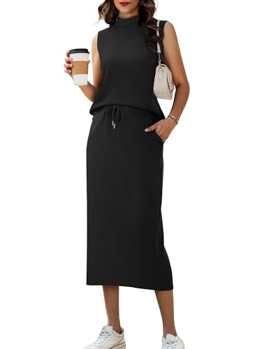 Casly Lamiit Two Piece Sets for Women Summer Casual Midi Skirt Travel Outfits Sleeveless Mock Neck Petite Tops Lounge Set Matching Clothing Black XS