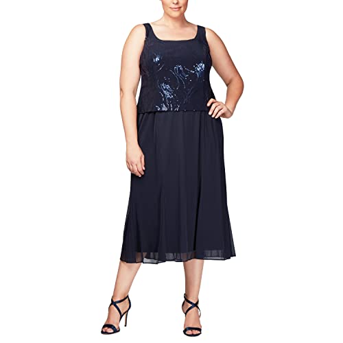 Alex Evenings Womens Plus Size Tea Length Button-Front Jacket Special Occasion Dress, Navy Plus, 18 Plus #TOP2