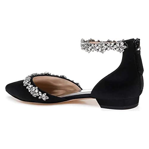 Image of XYD Women Classic Pointed Toe D'Orsay Wedding Flat Sandals Sparkly Rhinestones Ankle Strap Low Heel Dress Shoes with Zipper