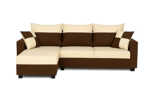 Image of FURNY Arissa 4 Seater Fabric LHS L Shape Sofa Set with Exta Cushions (Cream-Dark Brown) Premium Velvet Finish | Ideal of Living Room