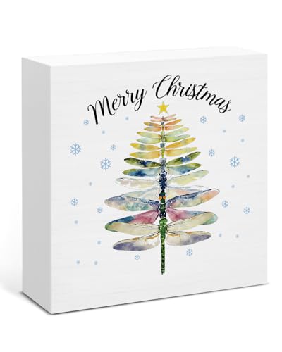 Image of Dragonfly Christmas Decor, Merry Christmas Wood Box Sign, Dragonfly Gifts for Women Men, Farmhouse Xmas Home Office Decorations for Desk Table Shelf 5 X 5 Inches