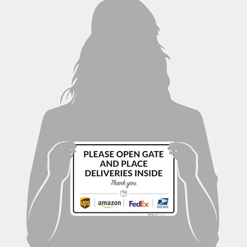 Image of Package Delivery Sign, Delivery Instructions Open Gate and Leave Delivery Inside Sign, 10x7 Inches, 4 Mil Vinyl Decal Stickers Weather Resistant, Made in USA