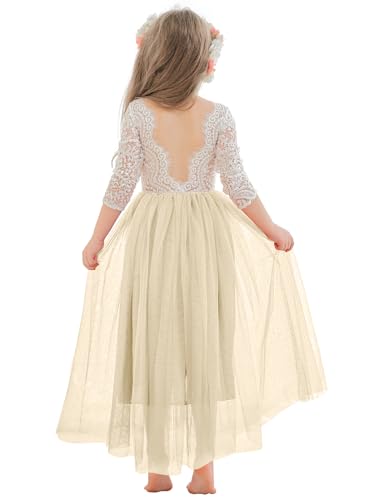 First Communion Dress Lace/Tulle Long Sleeve Flower Girl Dress Floor-Length Dresses for Wedding Garden Party 6M-14Y2