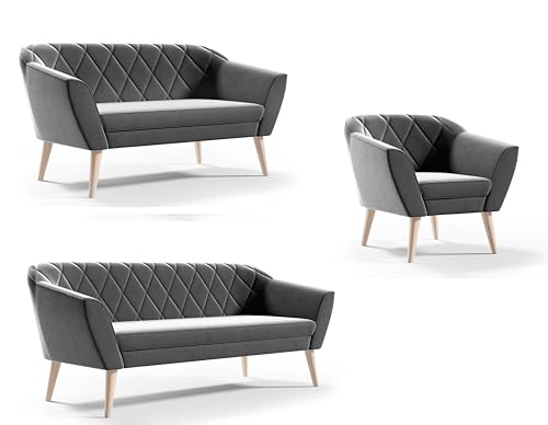 Sofello Couchgarnitur Gloria Wohnzimmerset 3+2+1 Sitzer Samt Hohe Holzfüße Buche (Riviera 91 grau)