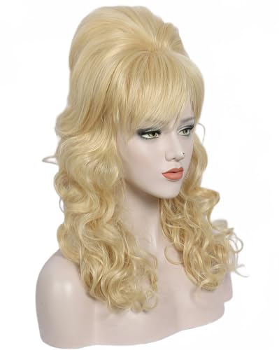 Image of Linfairy Long Wavy Blonde Mixed Wig Big Bouffant Beehive Wigs for Women fits 50s 80s Costume