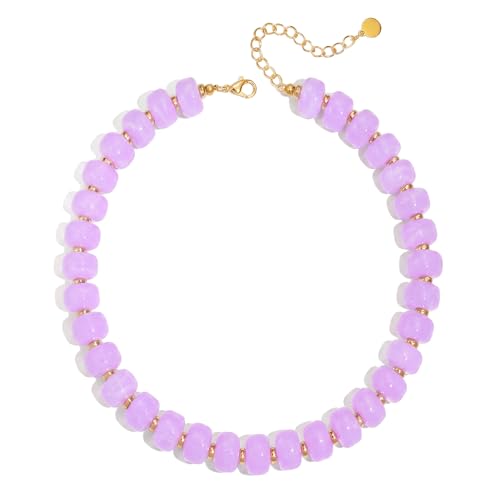 Forgreafa Lilac Purple Chunky Beaded Necklace for Women Gentle Gemstone Bead Necklaces Statement Sweet Lavender Resin Choker Necklace Dreamy Summer Beach Jewelry Gifts